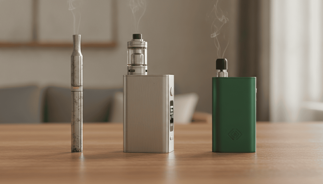 Três gerações de dispositivos de vape alinhadas sobre uma mesa de madeira: um e‑cigarro tubular antigo, um box mod com tanque e um pod moderno.