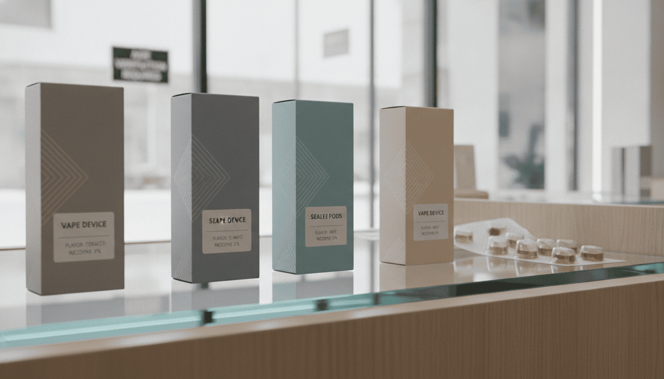 Balcão de loja com embalagens seladas de dispositivos vape e pods em prateleira, luz natural pela vitrine.
