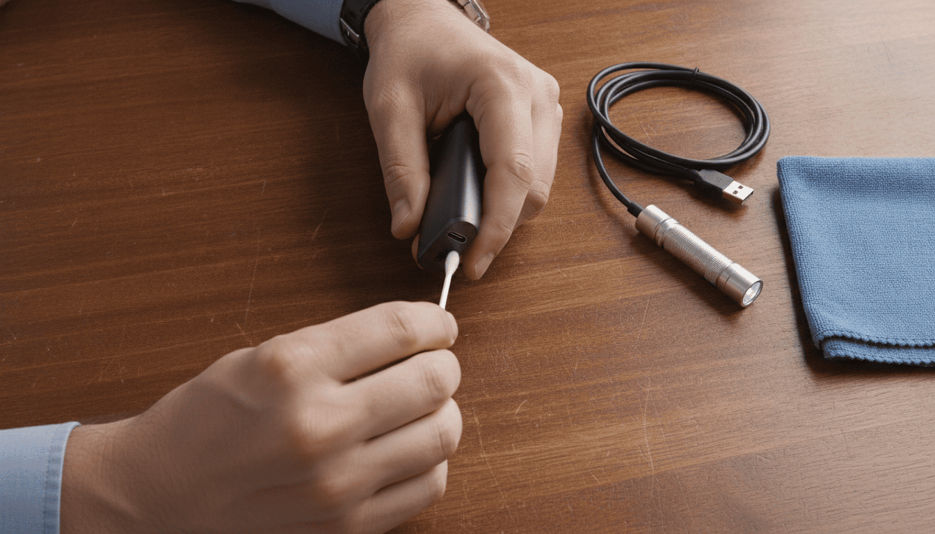Mãos adultas limpando a porta de carregamento de um vape com um cotonete, cabo USB ao lado sobre uma mesa.
