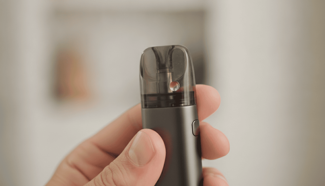 Mão adulta segurando um pod vape em close, mostrando gota de e-líquido no interior do reservatório