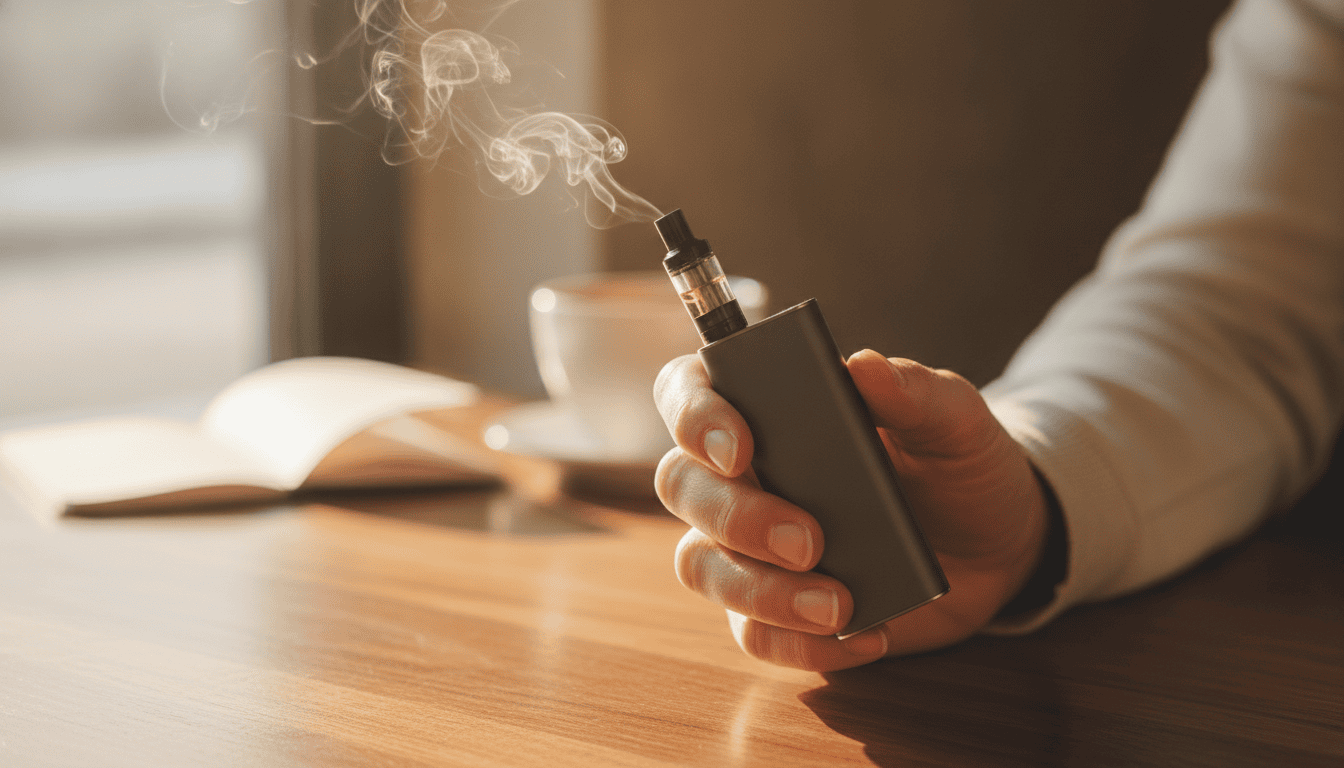 Mãos de um adulto segurando um pod vape sobre uma mesa de café com leve vapor no ar, copo de café e bloco de notas ao fundo.