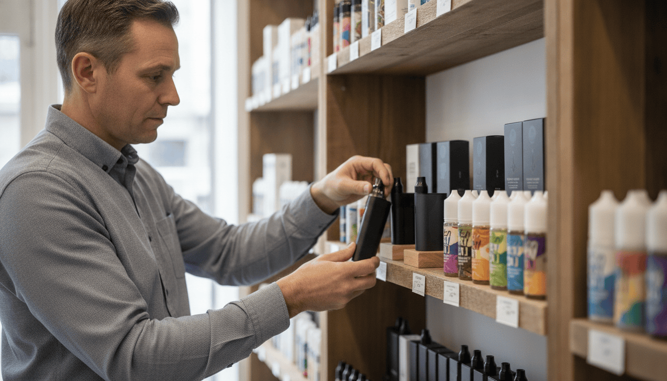 Funcionário adulto organizando dispositivos de vape e frascos de e-líquidos em prateleira de loja especializada
