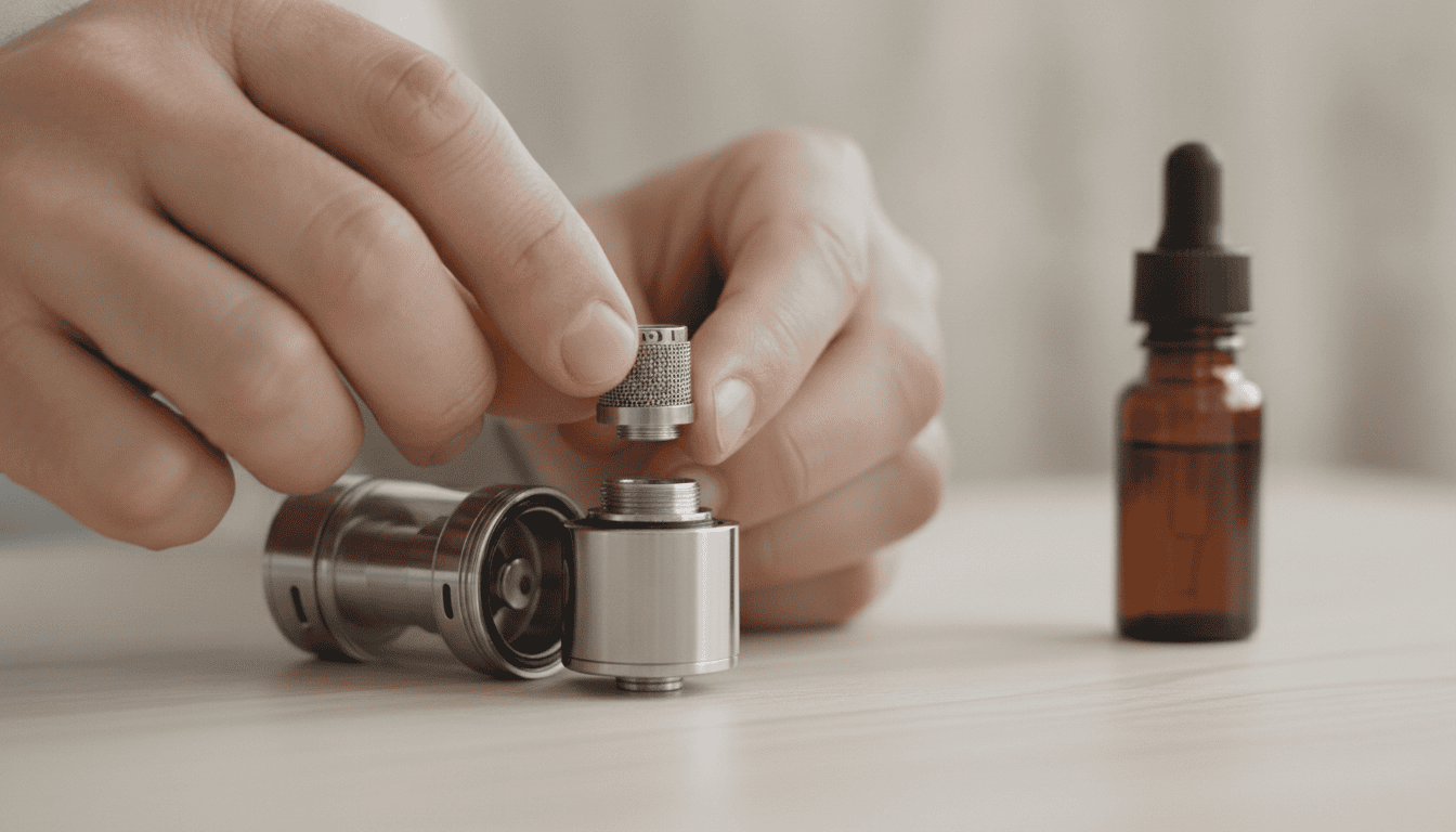 Mãos adultas substituindo a coil de um tanque de vape com tanque desmontado e frasco de e-líquido ao lado.