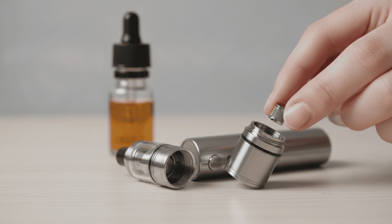 Mãos de adulto trocando a resistência de um vape em uma mesa com tanque aberto e frasco de e‑líquido ao fundo.