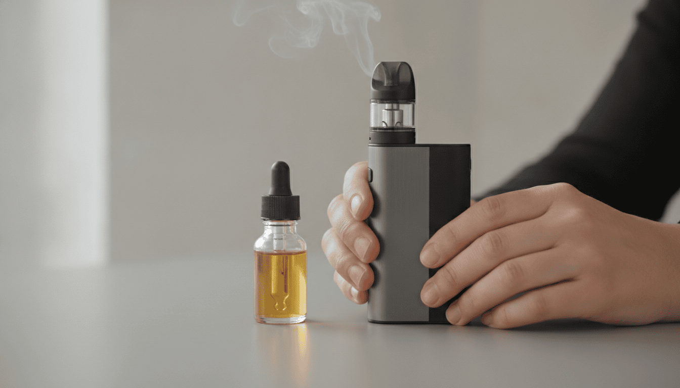 Mãos de adulto segurando um dispositivo pod ao lado de um frasco de e-líquido sobre mesa neutra, com leve vapor.