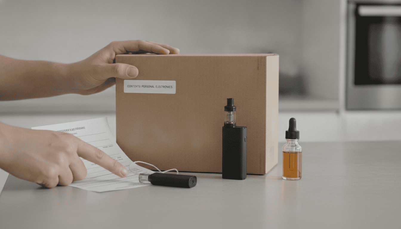 Mãos conferindo um pacote com um pod descartável e um frasco de e-líquido sobre uma bancada, representando compra e fiscalização de vapes.