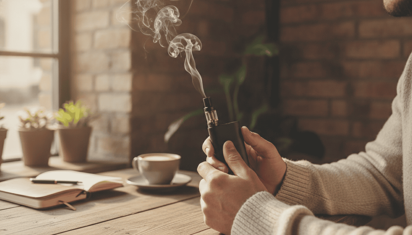 Mãos de um adulto segurando um pod vape moderno com leve vapor em um café