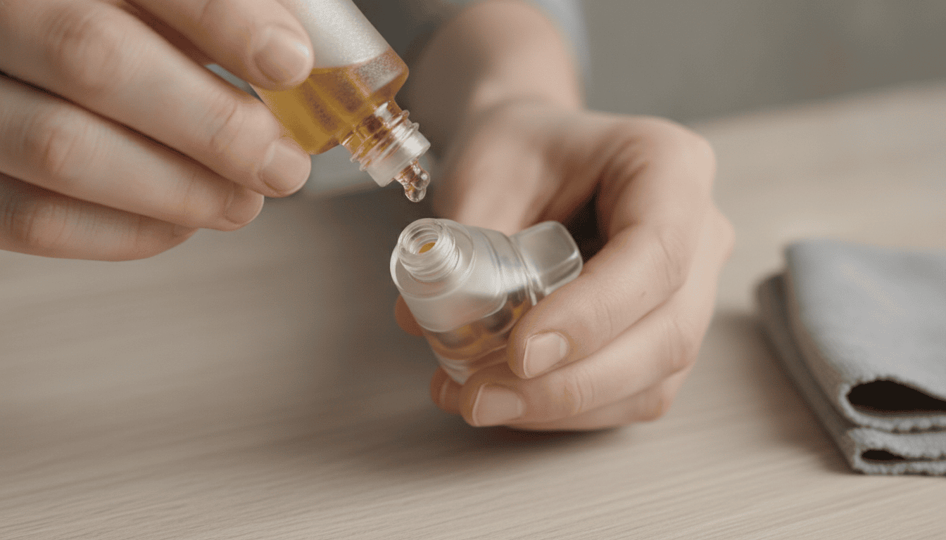 Mãos adultas recarregando um pod de vape com conta-gotas, mostrando o reservatório aberto e um pano ao lado