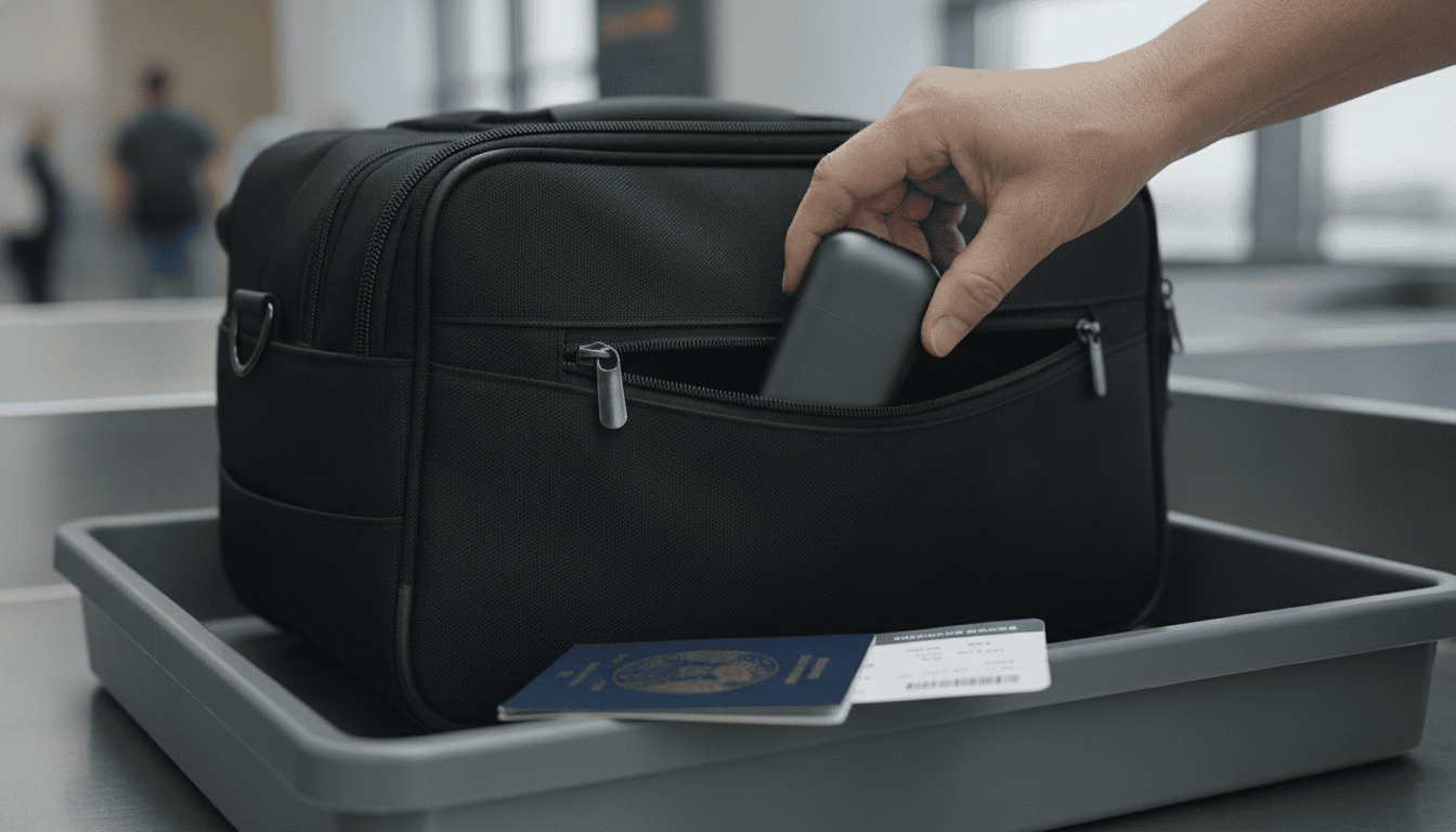 Mala de mão aberta com um dispositivo vape, passaporte e cartão de embarque sobre bandeja de aeroporto