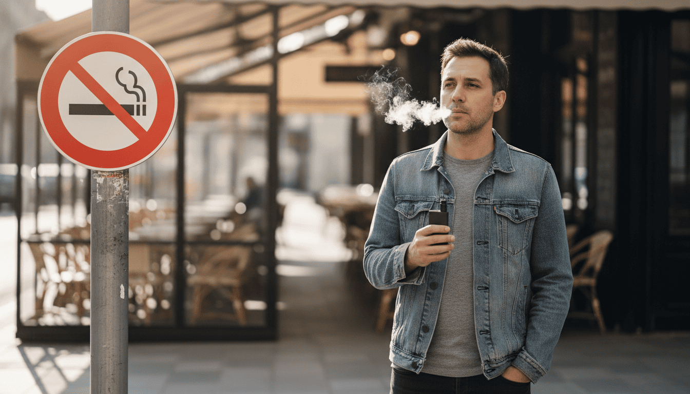 Pessoa adulta usando vape em calçada urbana com placa de proibição visível ao fundo