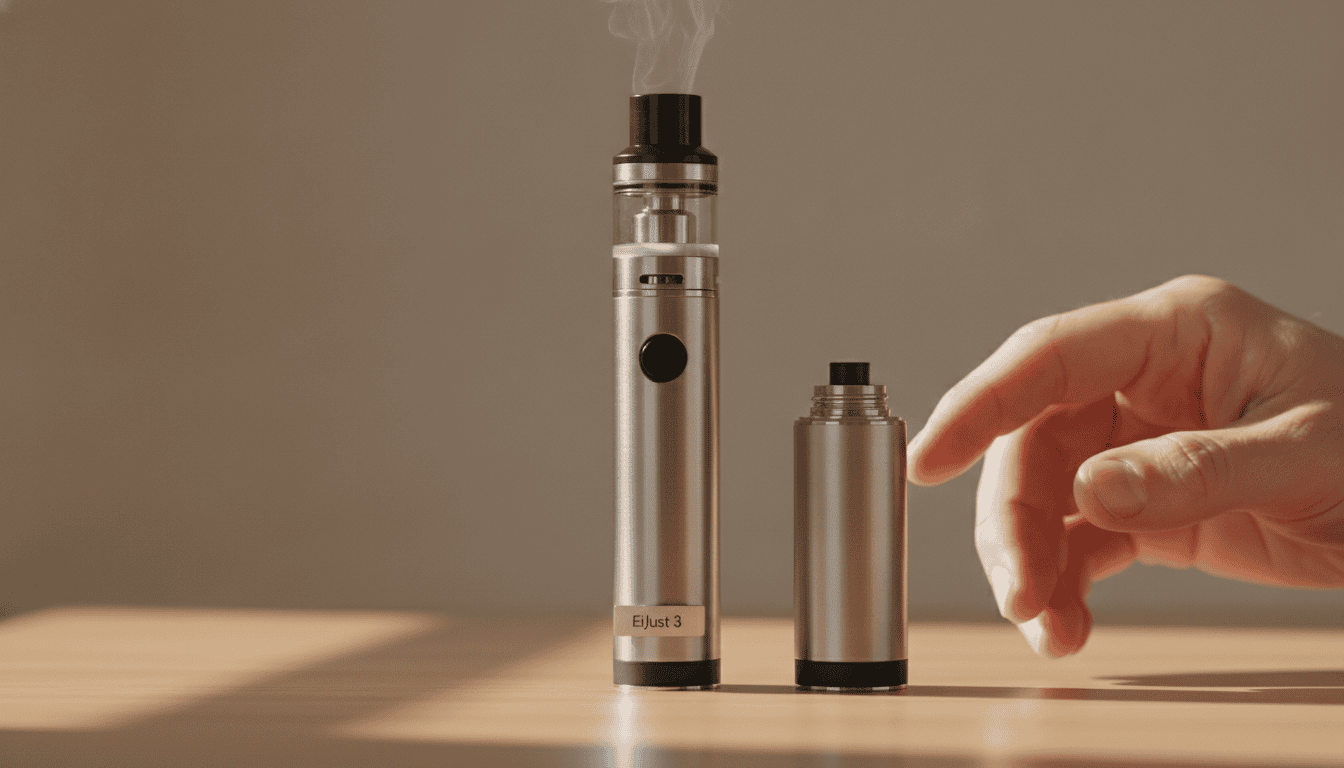 Eleaf iJust 3 sobre mesa, close-up do corpo do aparelho e tanque, mão adulta alcançando o dispositivo