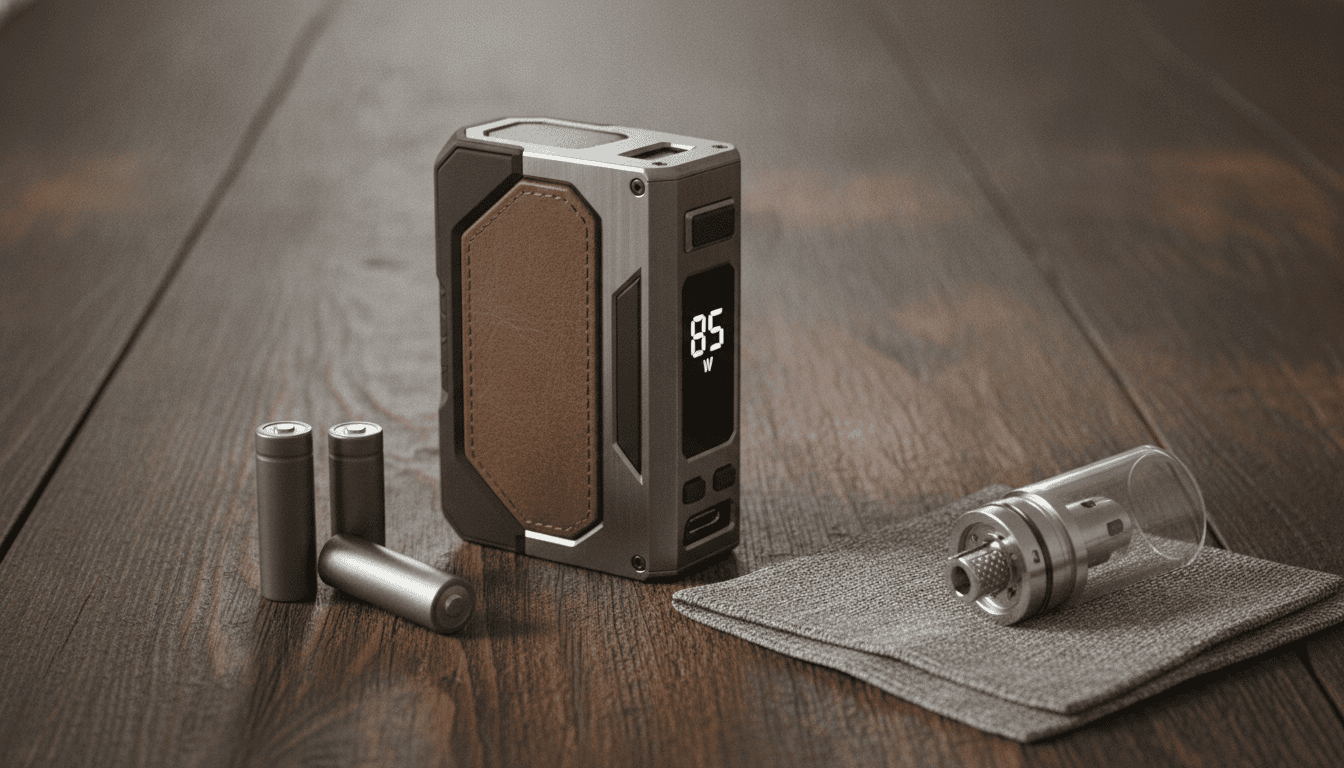 Kit GeekVape Aegis X sobre mesa de madeira com tela colorida, duas baterias 18650 e atomizador ao lado