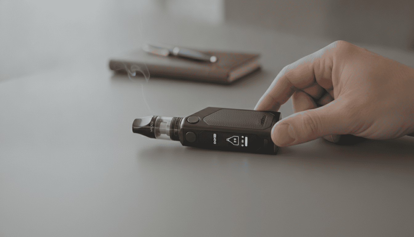 Voopoo Drag X em close sobre mesa, com mão adulta segurando o aparelho e leve vapor no ar