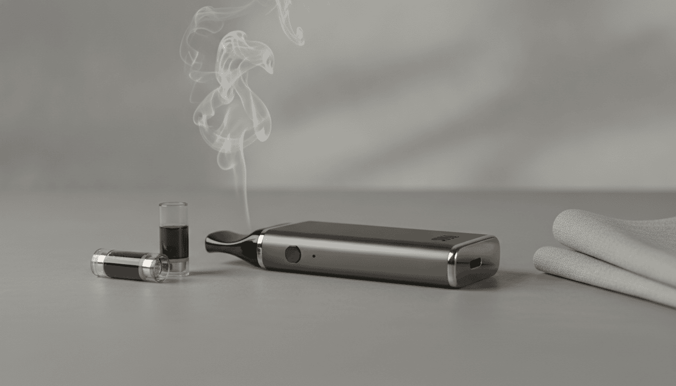 Dispositivo de pod system estilo JUUL sobre superfície lisa com dois pods ao lado e leve vapor ao fundo.