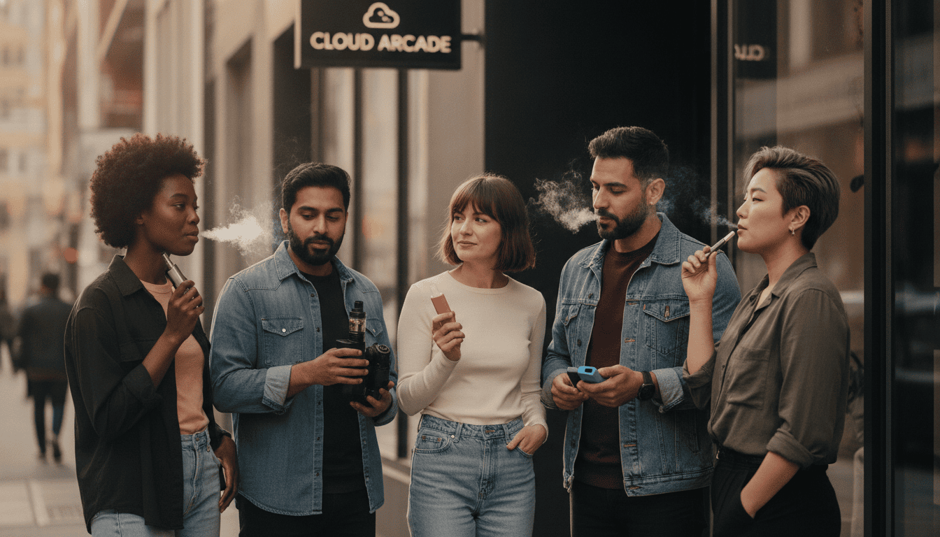 Grupo de adultos próximos a uma loja segurando diferentes tipos de vape, fotografia fotorrealista em ambiente urbano