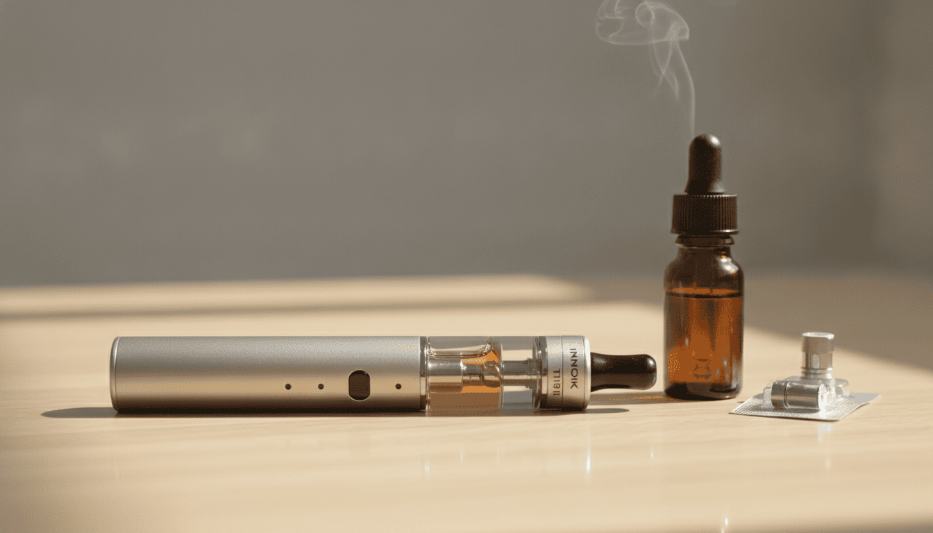 Innokin Endura T18 II sobre mesa de madeira ao lado de um frasco de e-líquido e uma resistência Prism.
