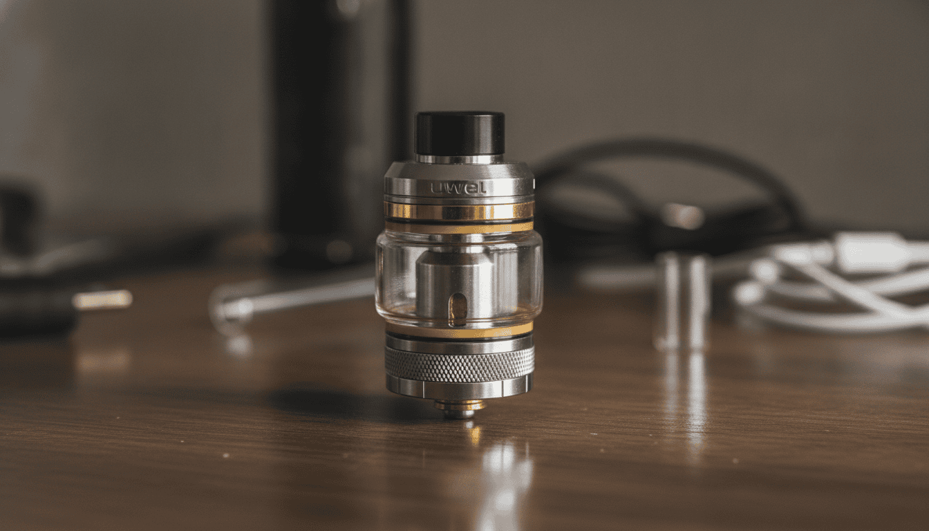 Tanque Uwell Crown 4 em superfície de madeira, com vidro bolha e acabamento metálico visíveis.