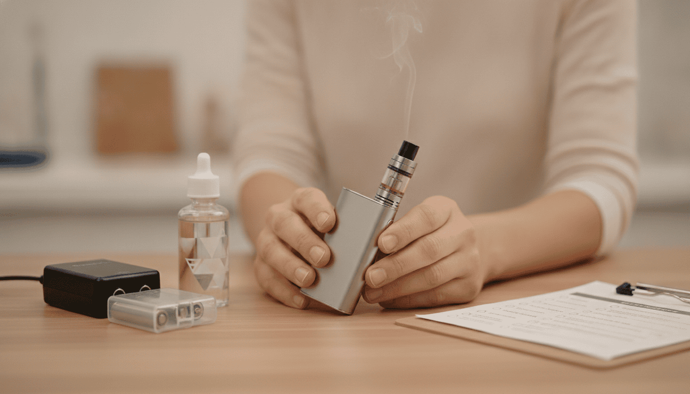 Mãos segurando um pod vape moderno sobre uma mesa com e-líquido, carregador e checklist de segurança.