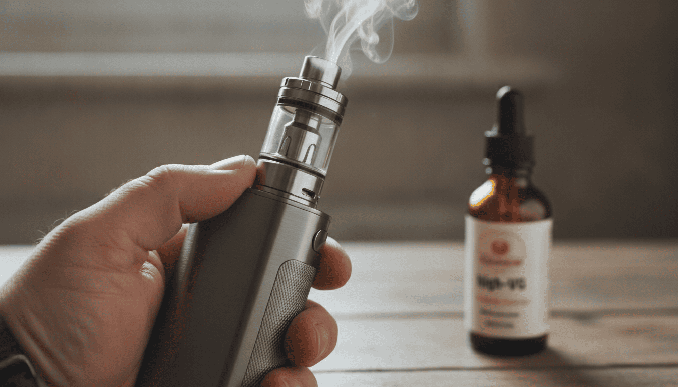 Mão segurando um mod sub-ohm com tanque claro emitindo vapor sutil, garrafa de e-líquido ao fundo em mesa de madeira.