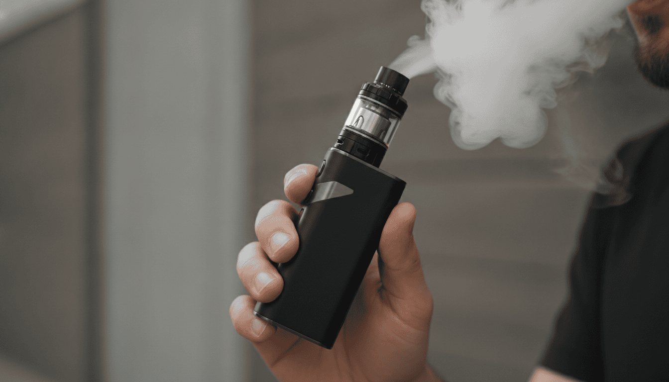 Mão adulta segurando um mod de vape moderno e expulsando uma nuvem densa de vapor em ambiente interno neutro.