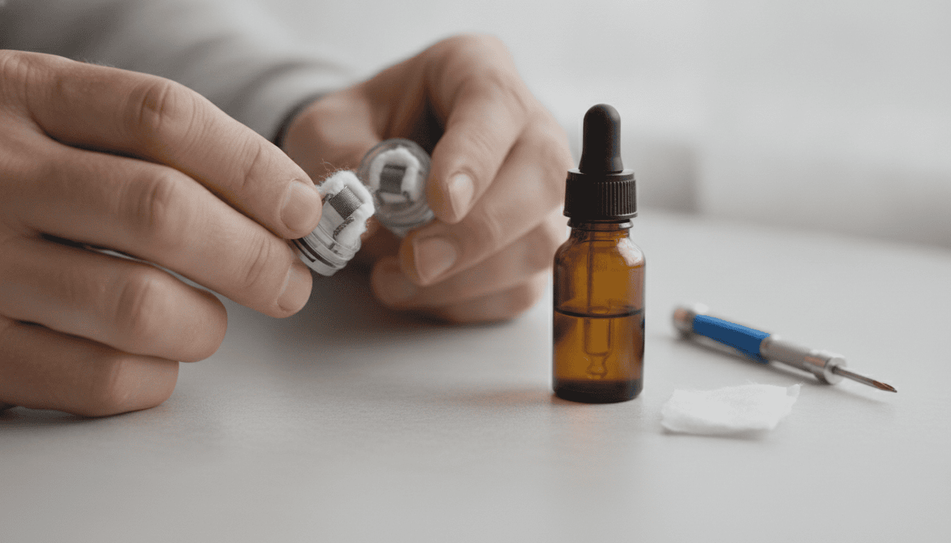 Mãos adultas segurando um pod desmontado mostrando coil, algodão/cerâmica e frasco de e-líquido sobre mesa neutra
