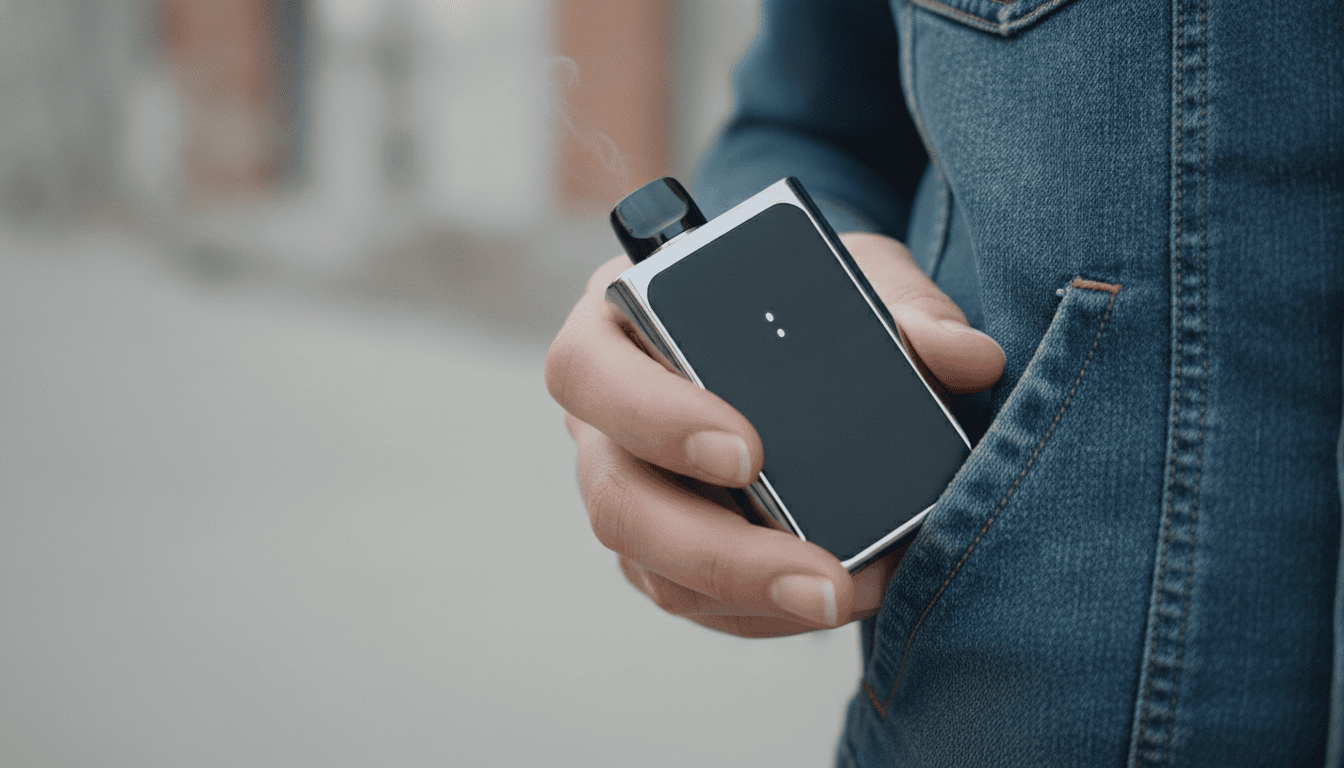 Mão segurando um vape compacto preto, com pouco vapor, próximo ao bolso de uma jaqueta jeans