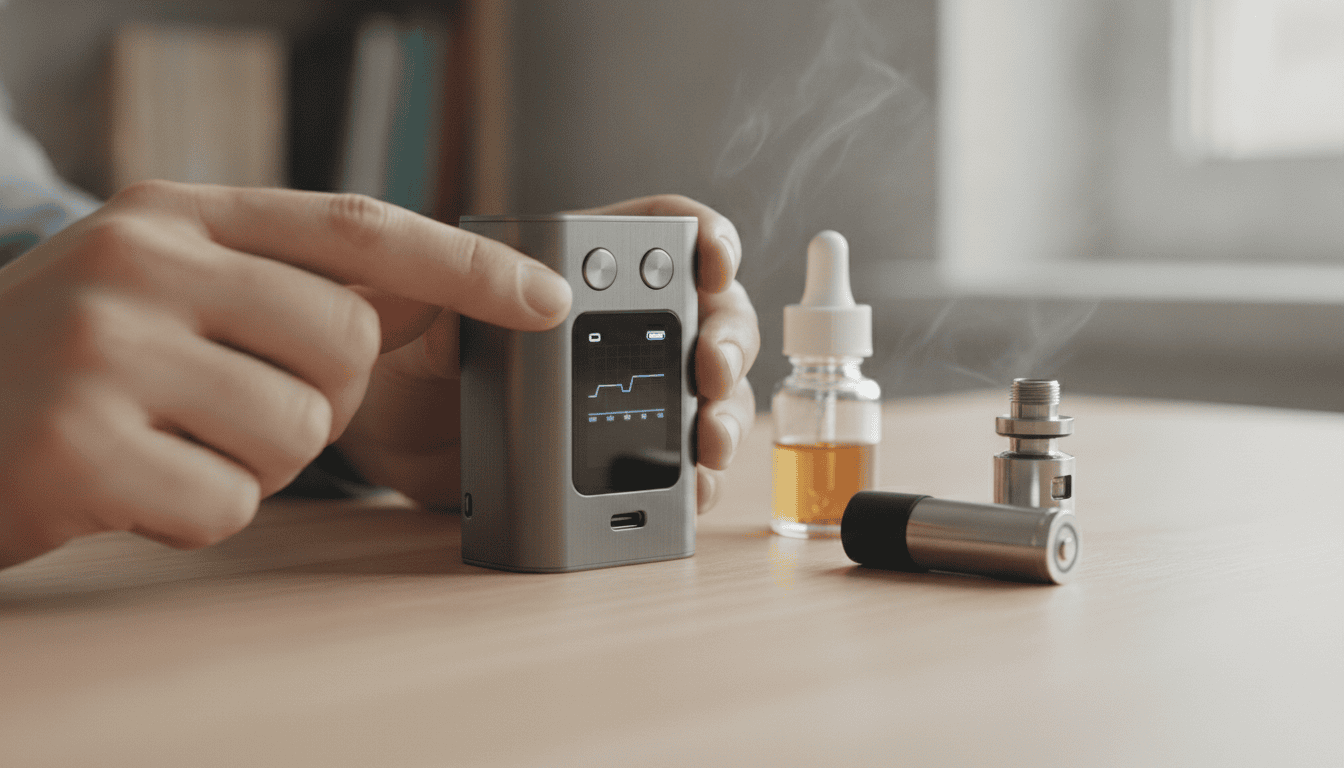 Mãos adultas segurando um mod de vape moderno com tela OLED, bateria sobressalente e frasco de e‑líquido sobre uma mesa de madeira.
