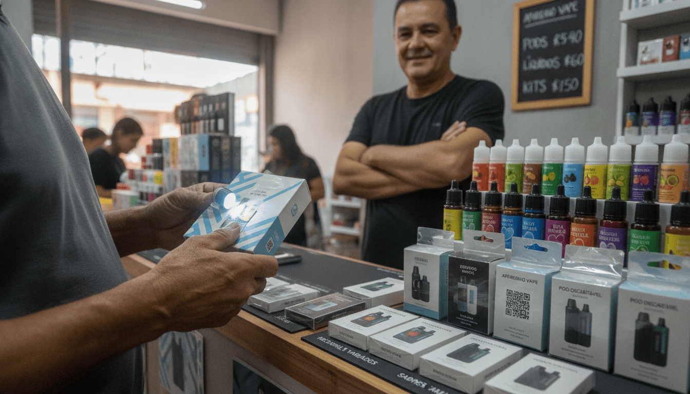 Cliente adulto inspecionando caixa lacrada de vape em banca da feira, com prateleiras de pods e frascos de e‑líquido ao fundo.