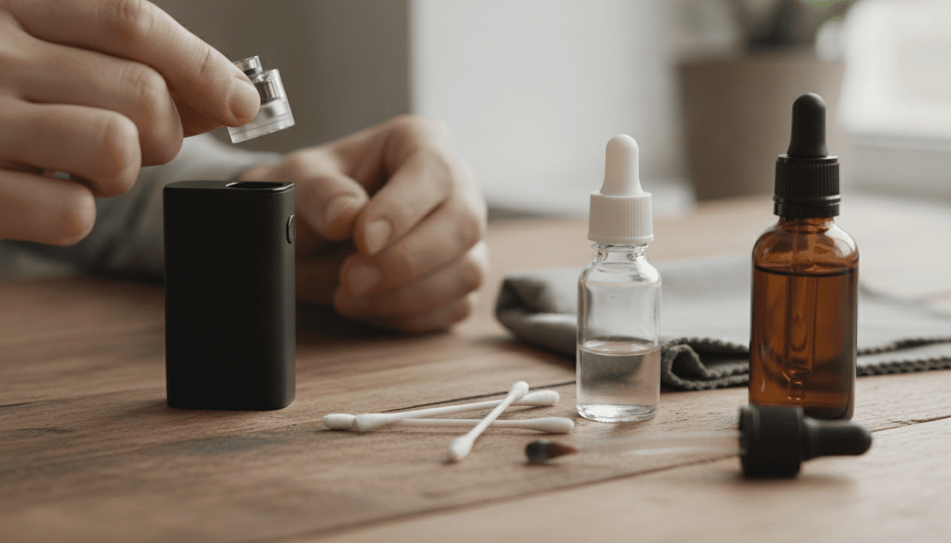 Mãos limpando um pod system sobre uma mesa com cotonetes, álcool isopropílico e pano de microfibra.