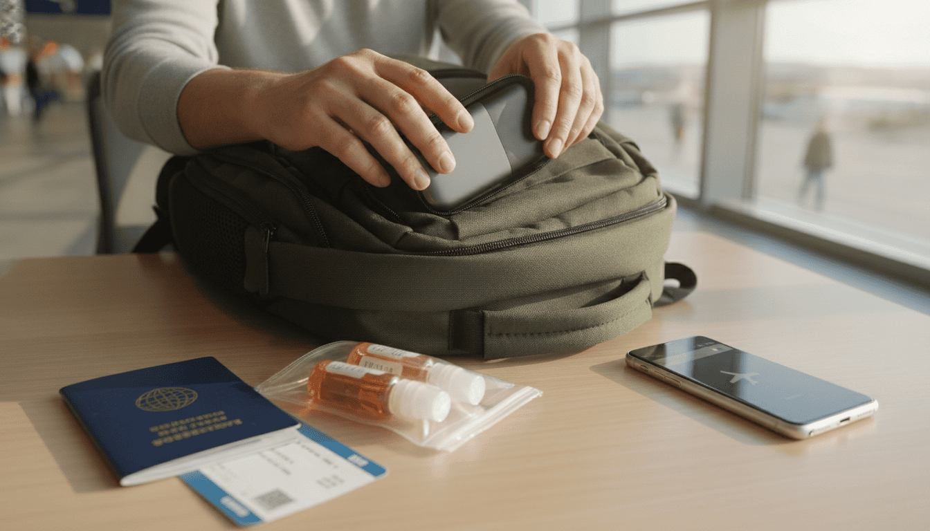 Kit de vape em estojo protetor sobre uma mesa de aeroporto, ao lado de passaporte, cartão de embarque e bolsa transparente com e-líquidos.