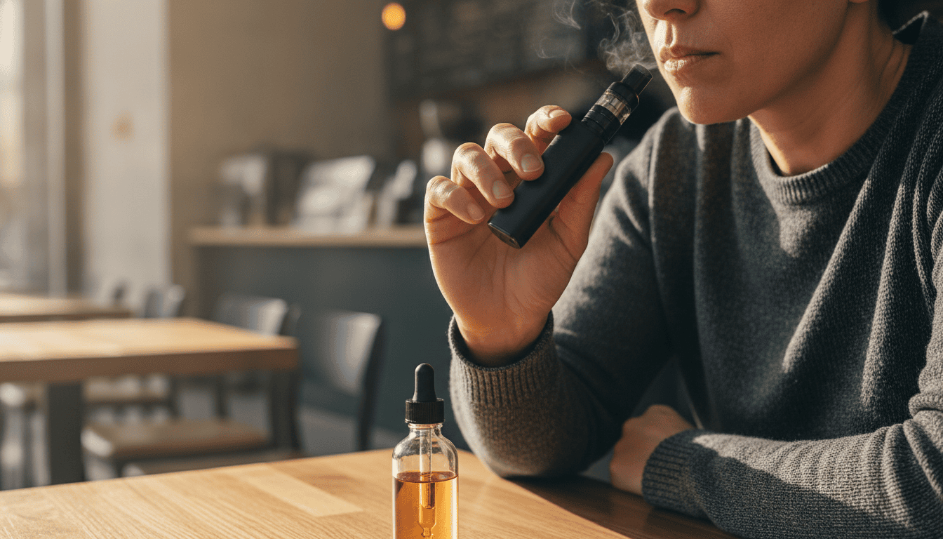 Pessoa adulta segurando um pod recarregável ao lado de um frasco de e-líquido em uma mesa, com vapor sutil no ar