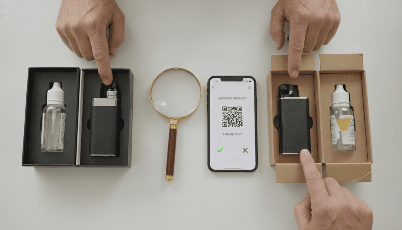 Comparação entre um dispositivo de vape autêntico e um falsificado sobre uma mesa, com caixa aberta, lupa e smartphone mostrando QR code
