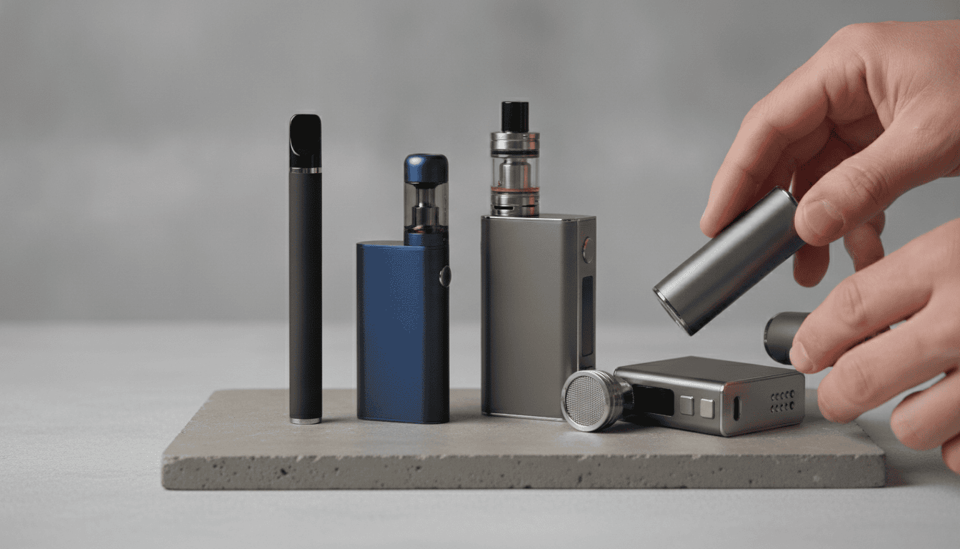 Conjunto de dispositivos de vape modernos sobre superfície neutra: pod, descartável e mod, com mão adulta ao lado.