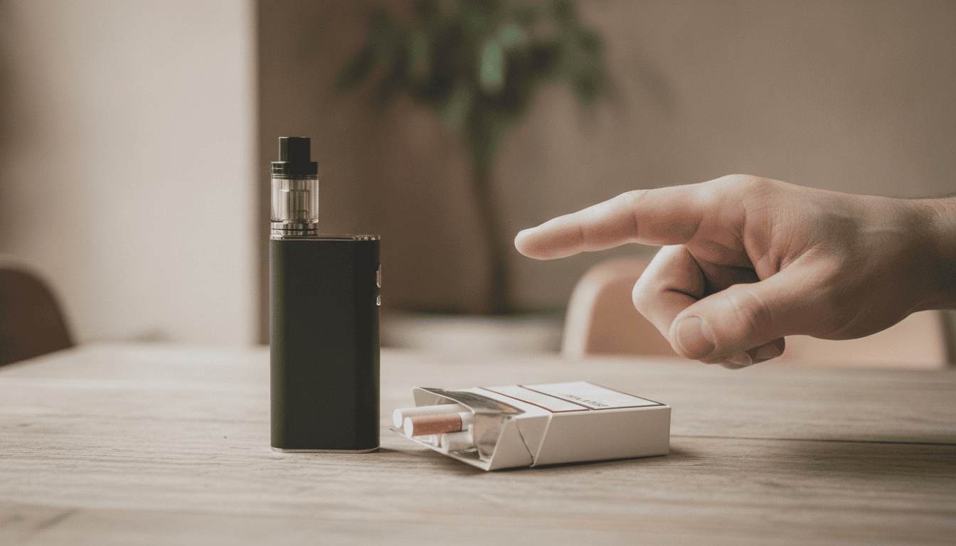 Mãos adultas segurando um vape ao lado de um maço de cigarros sobre uma mesa, em ambiente interno iluminado.