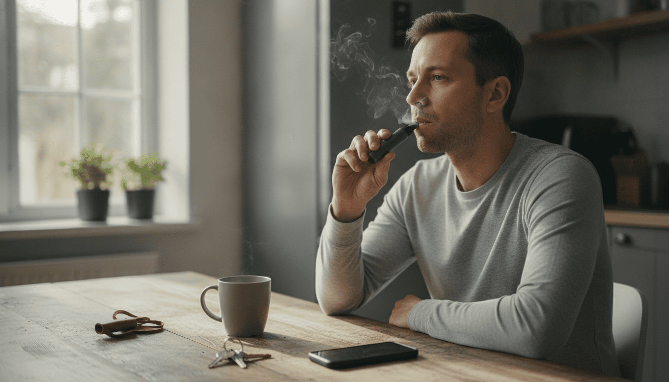 Adulto sentado à mesa em casa usando um dispositivo vape compacto e exalando uma pequena nuvem de vapor.