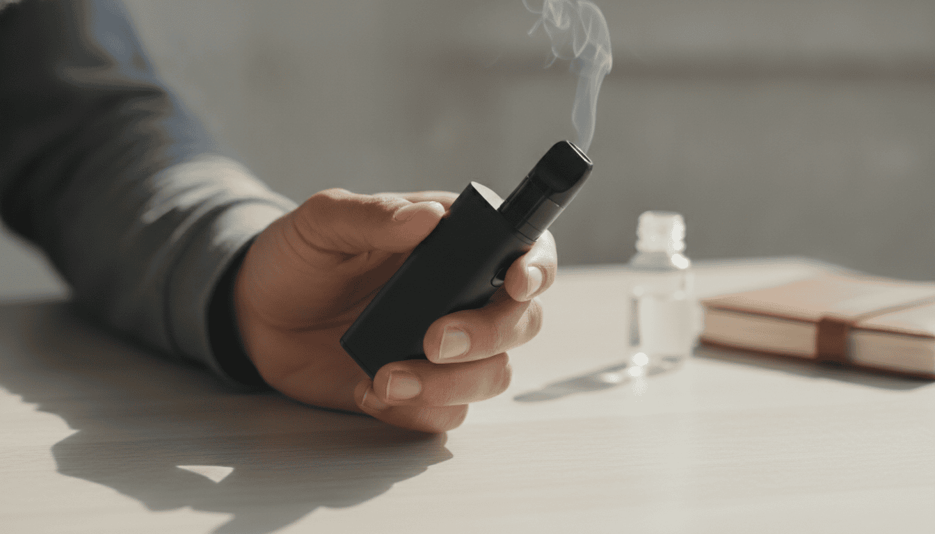 Mão adulta segurando um pod vape sobre mesa de madeira, com um frasco de e-líquido desfocado ao fundo e vapor sutil saindo do bocal.