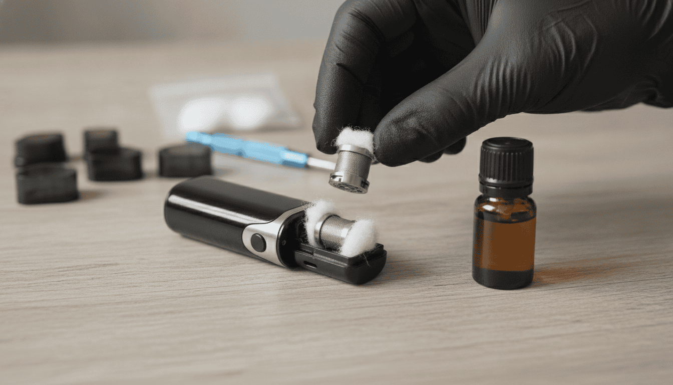 Mão segurando resistência pronta para instalar ao lado de e‑líquido e dispositivo vape desmontado sobre mesa de madeira