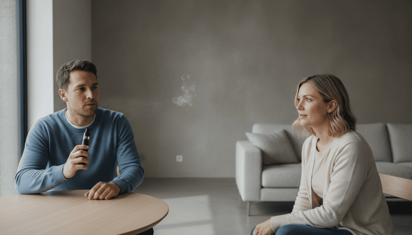 Dois adultos em sala; um exala vapor de vape em direção ao outro a uma distância de cerca de dois metros, nuvem de aerosol sutil visível.