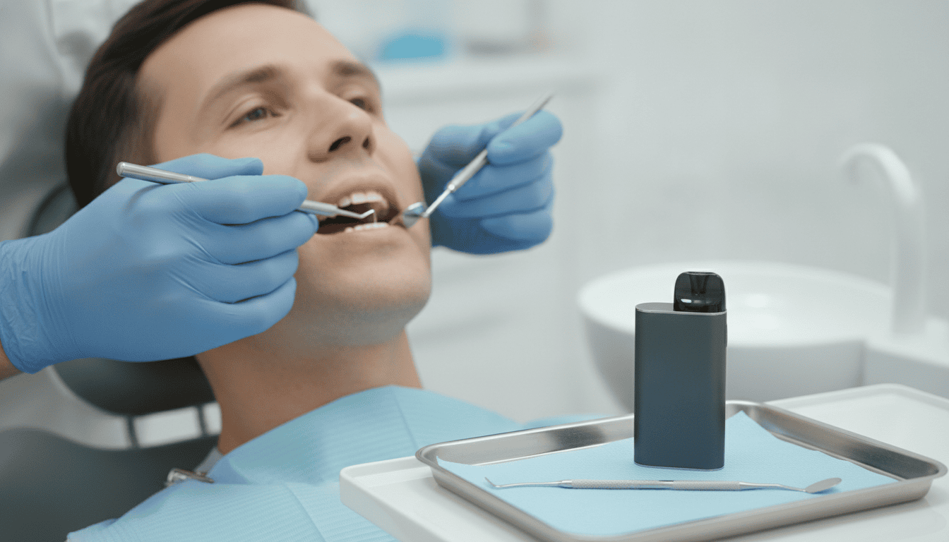 Paciente adulto sendo examinado no consultório, com um dispositivo de vape sobre a bandeja ao lado dos instrumentos dentários.