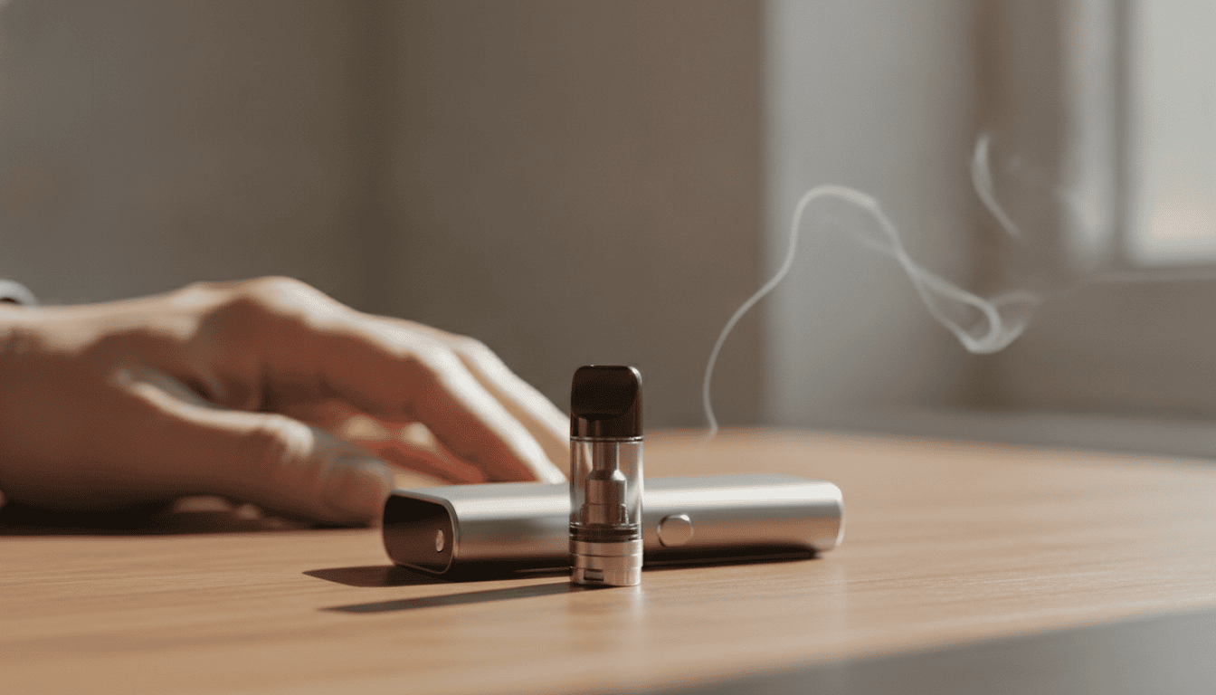 Dispositivo de vape moderno sobre mesa de madeira com um pod lacrado e leve vapor ao fundo; mão adulta próxima ao aparelho.