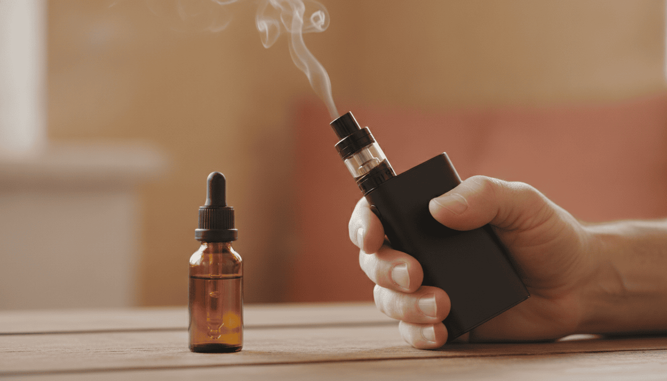 Mãos adultas segurando um pod vape moderno ao lado de um frasco de e‑líquido sobre mesa de madeira, com vapor sutil.