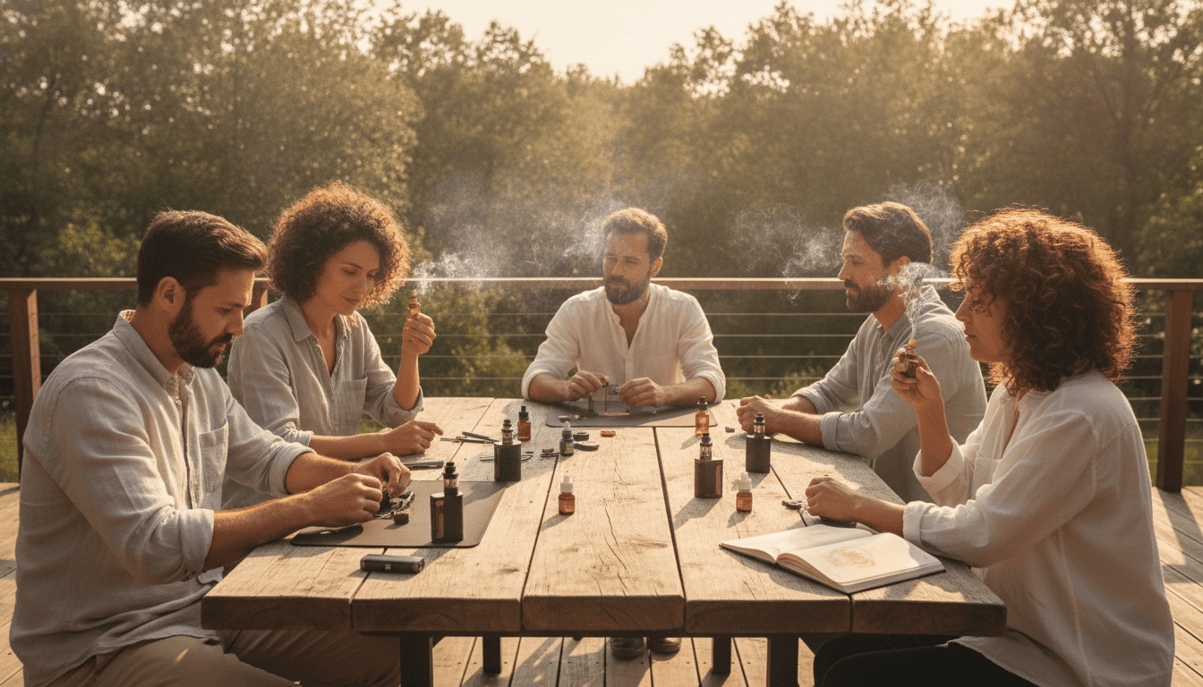 Grupo de adultos em um deck ao ar livre testando vapes e e-líquidos com vapor discreto, mesa com dispositivos e frascos de e-líquido.