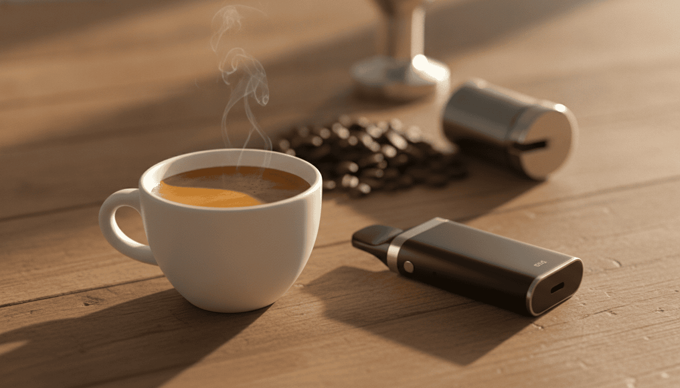 Mesa de café com xícara de espresso e um dispositivo pod ao lado, grãos de café ao fundo