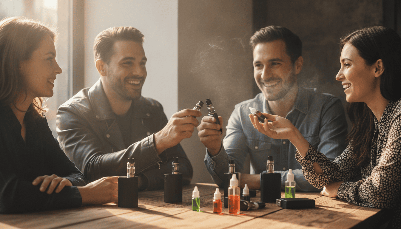 Grupo de adultos em um café trocando vapes e e-líquidos, conversando e sorrindo, com vapor discreto no ar.