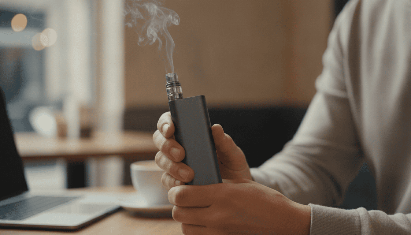 Mãos de um adulto segurando um pod vape moderno com um leve vapor, em ambiente interno desfocado.