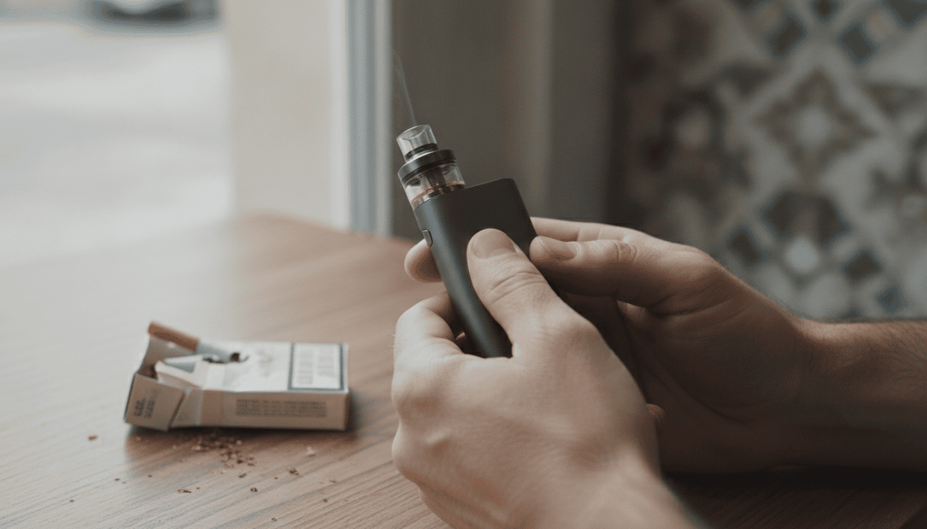 Mãos de um adulto segurando um pod vape moderno, com um maço de cigarros desfocado ao fundo sobre uma mesa.