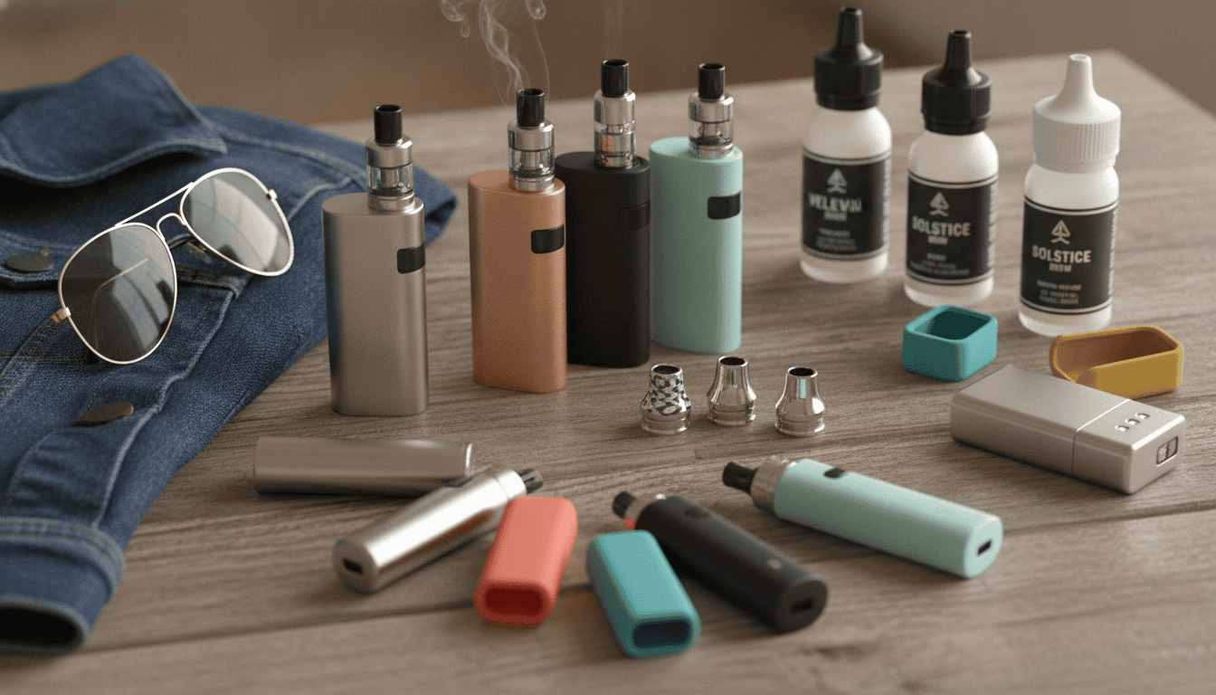 Disposição fotorrealista de acessórios para vape sobre mesa de madeira, com cases, pods, drip tips e frascos de e-líquido ao lado de itens de moda.