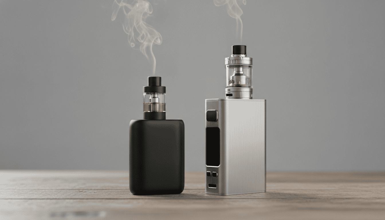 Dois dispositivos de vaping sobre mesa de madeira: um pod compacto com cápsula transparente e um mod maior com tanque, levemente emitindo vapor.