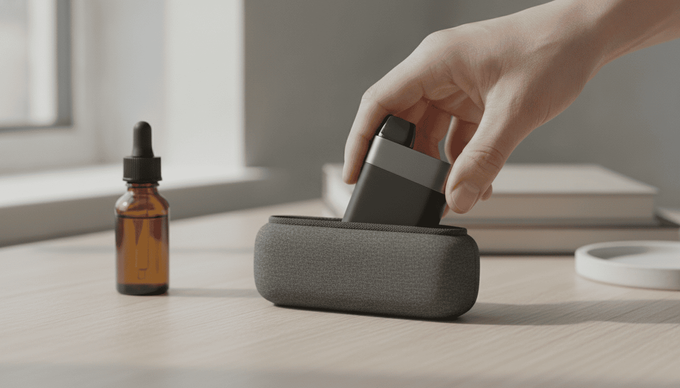 Mão adulta colocando um dispositivo vape moderno dentro de um estojo protetor sobre uma mesa de madeira, com um frasco de e-líquido ao lado.