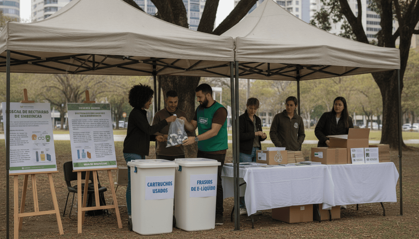 Voluntários adultos organizando ponto de coleta de pods descartáveis e frascos de e-líquido em parque urbano, com cartazes informativos.
